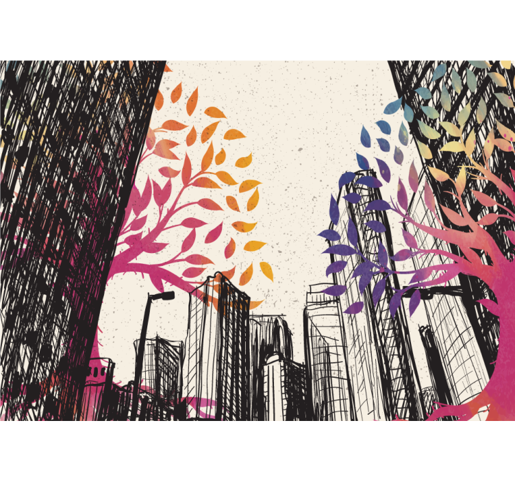 Living room blind with seasonal trees and skyscrapers - TenStickers