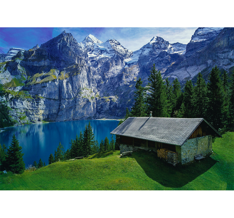 Living room blind cabin by the lake and mountains - TenStickers