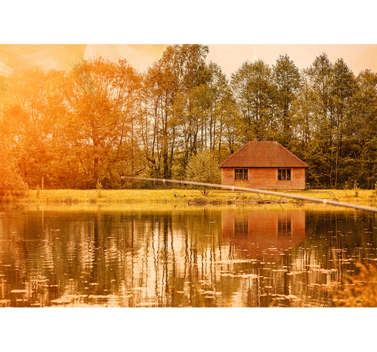 Living room blind brown houses by the lake with mountains - TenStickers