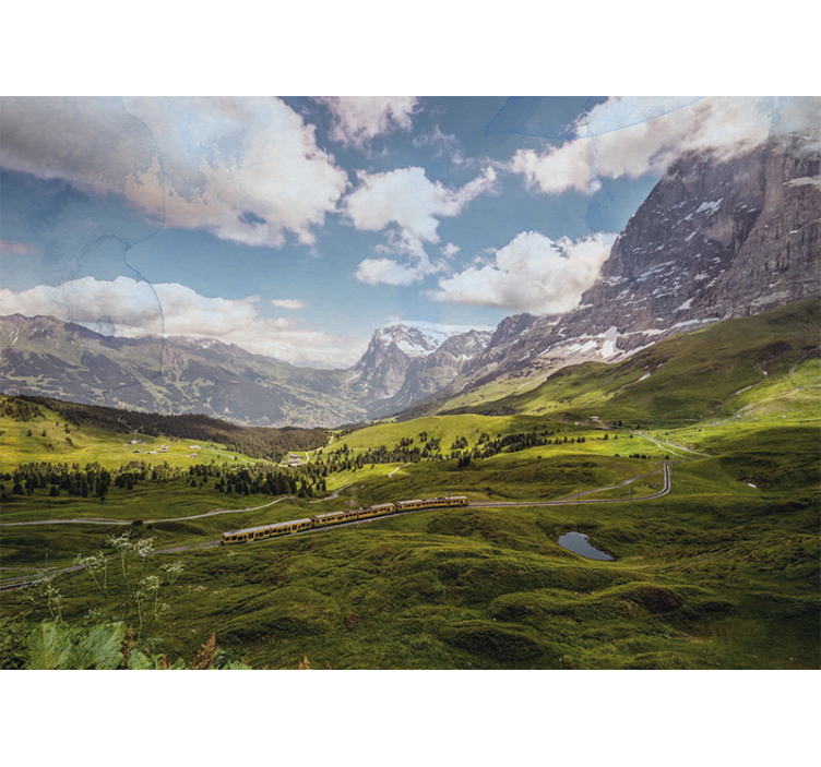 Living room blind with green field and mountains - TenStickers