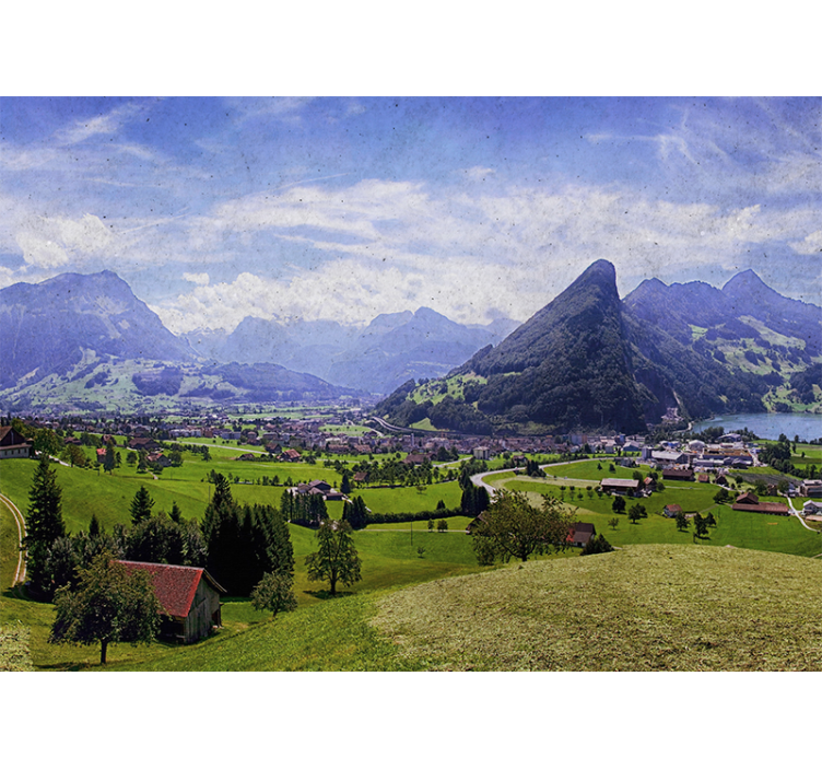 Living room blind with houses in a green field - TenStickers