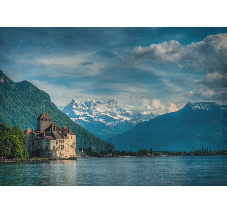 Living room blind castle by the lake with mountains - TenStickers