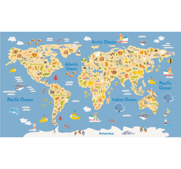 Continents and Fauna world map roller blind - TenStickers