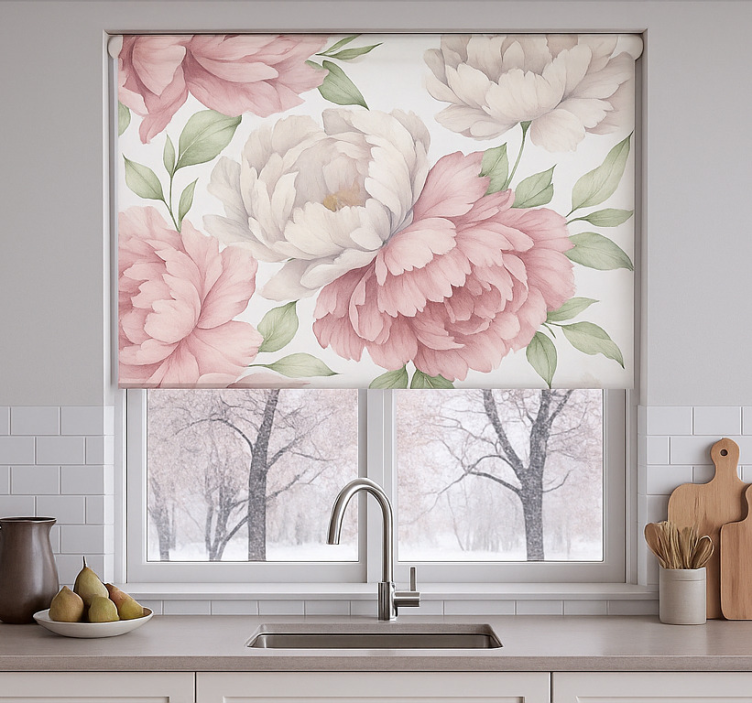 Blushing peony print blind kitchen - TenStickers