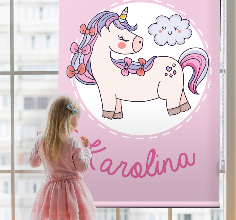 Pink unicorn with name Custom printed blind - TenStickers