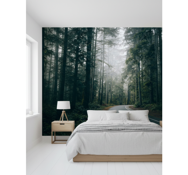 Forest wall mural foggy pine road - TenStickers