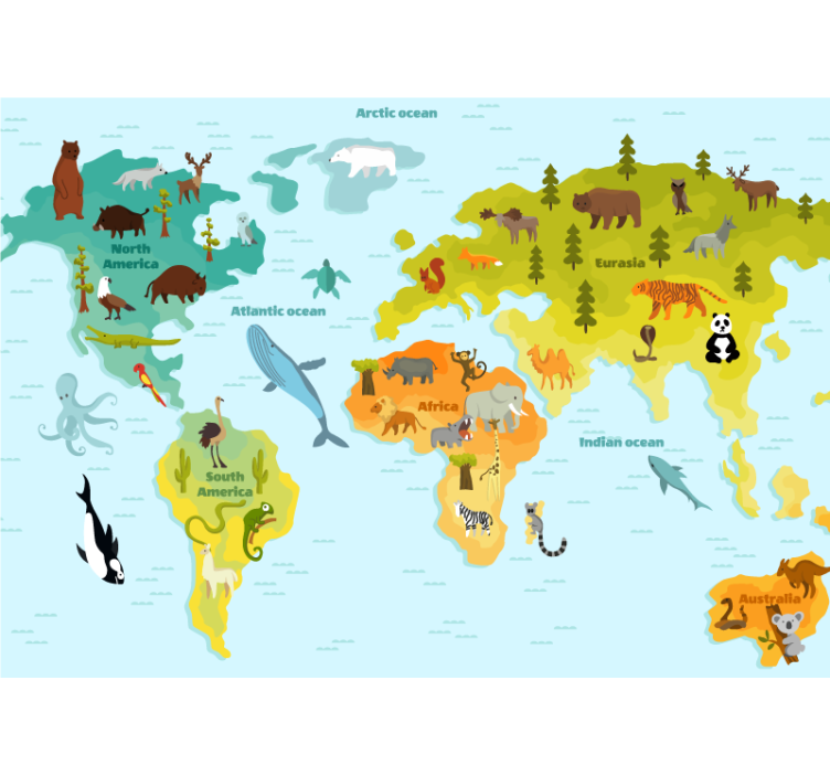 World map wallpaper animal worldwide adventure - TenStickers