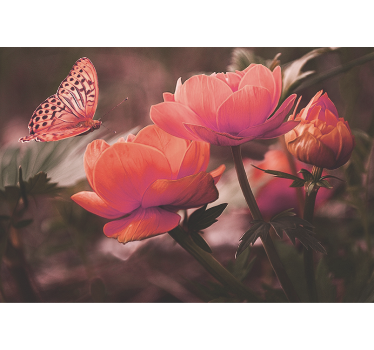 Flower wall mural butterfly above blossoms - TenStickers