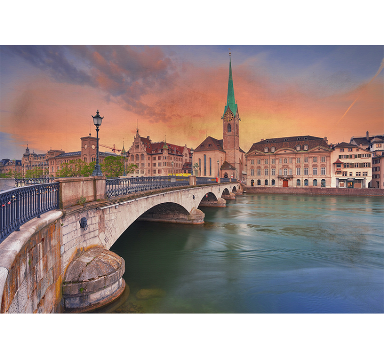 City wall mural zurich bridge sunset - TenStickers