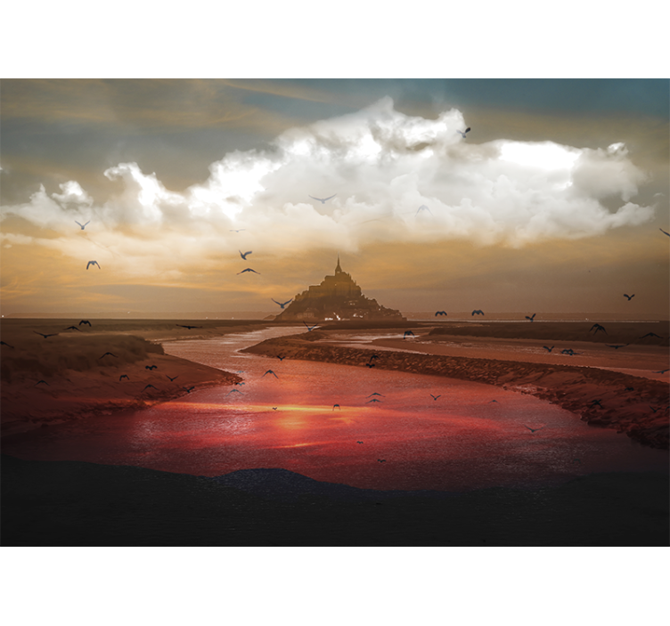 River landscape sunset with castle wall mural - TenStickers