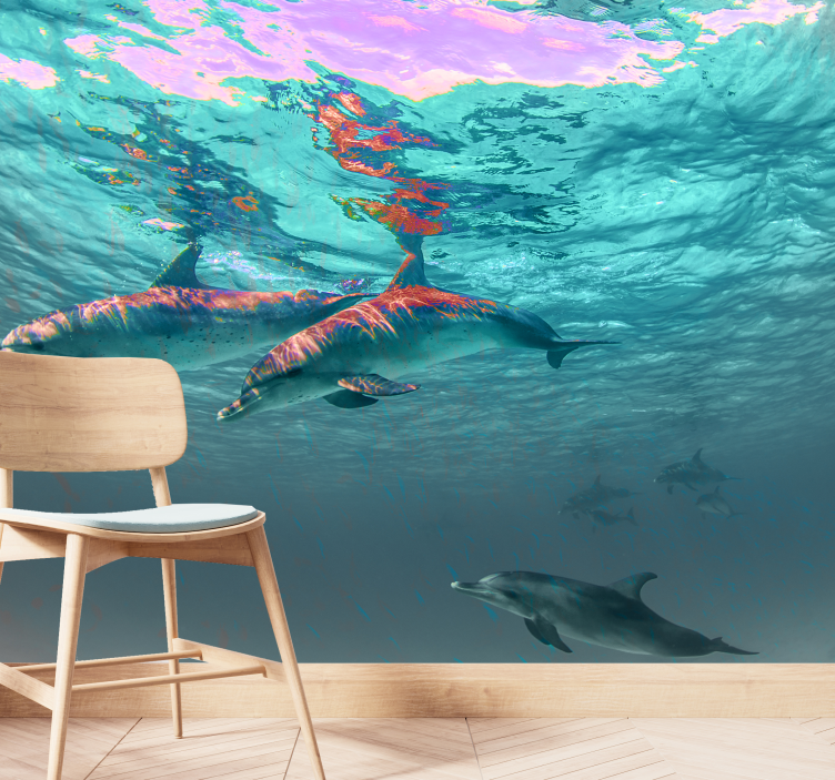 Animals wall mural dolphins swimming playfully - TenStickers