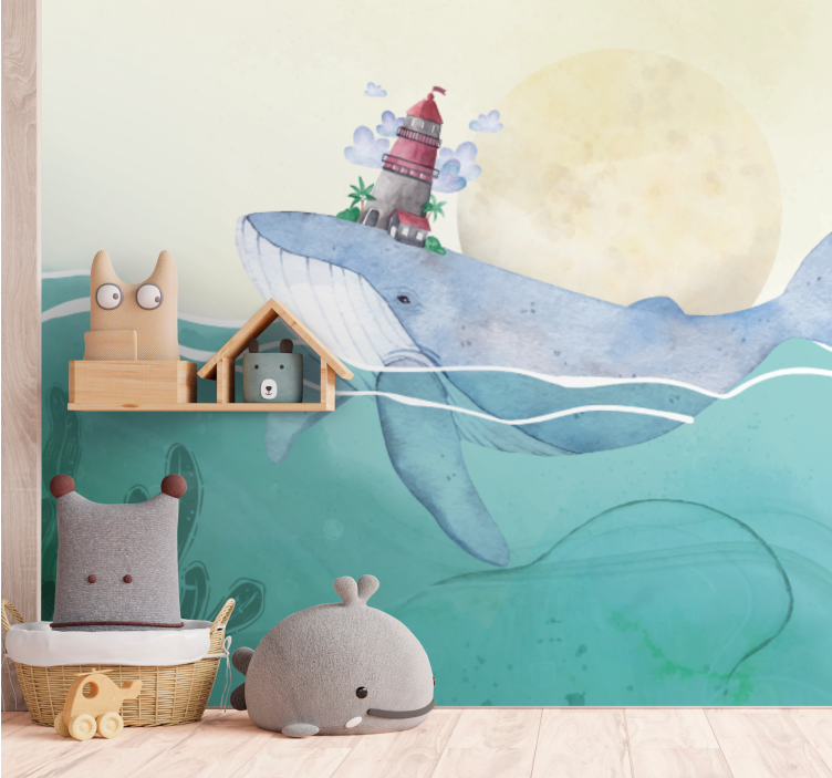 Animals wall mural whale with lighthouse - TenStickers