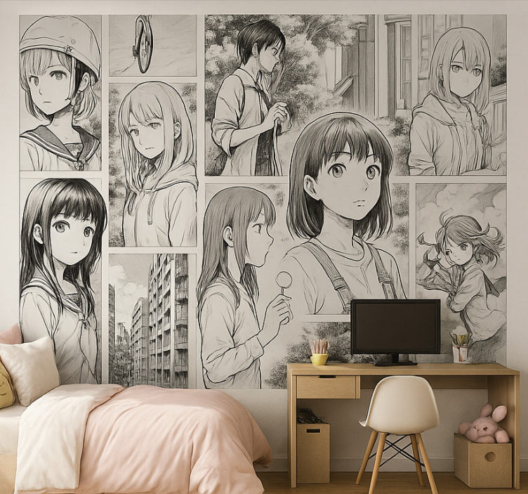 Black and white manga wall mural teen bedroom - TenStickers