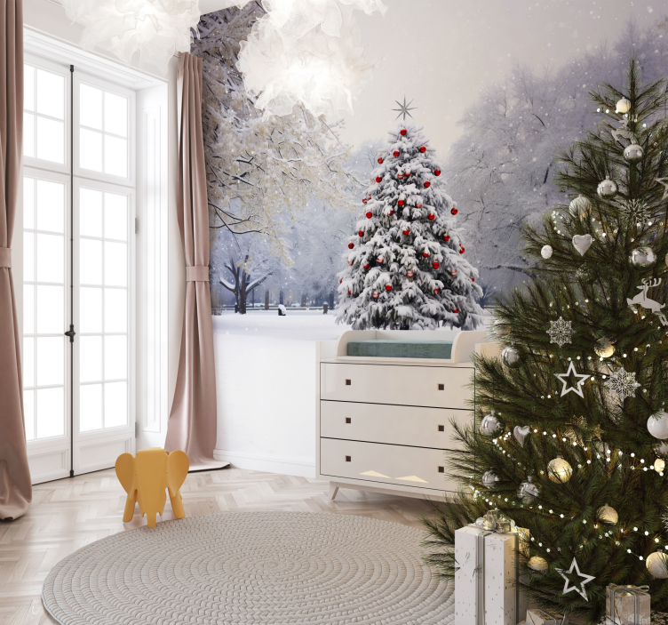 christmas fir in the snow tree mural - TenStickers