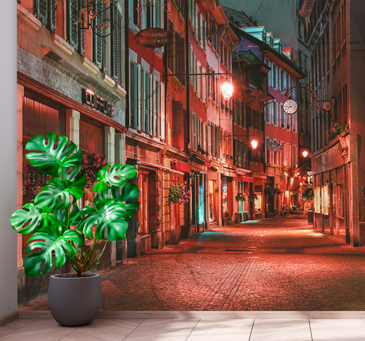 City wall mural charming cobblestone street - TenStickers