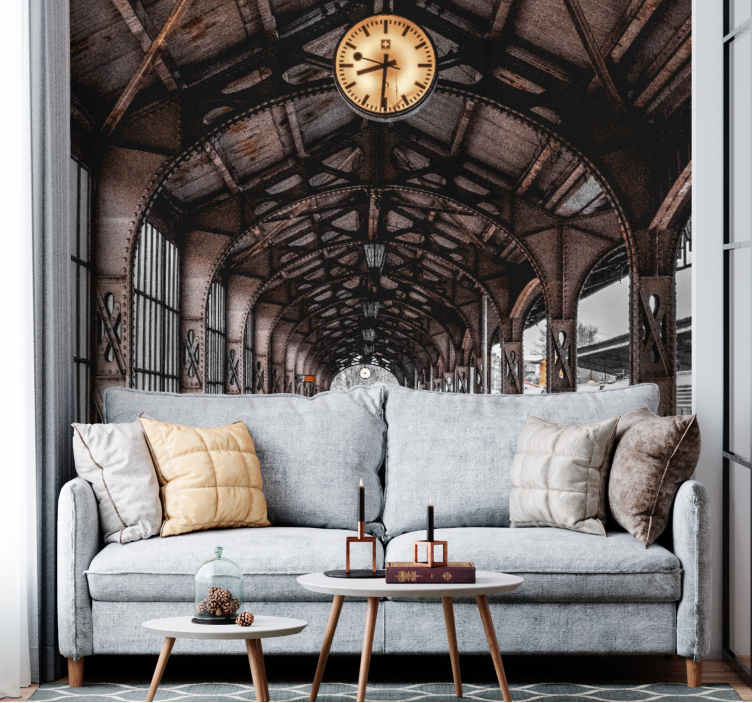 City wall mural clocked station archway - TenStickers