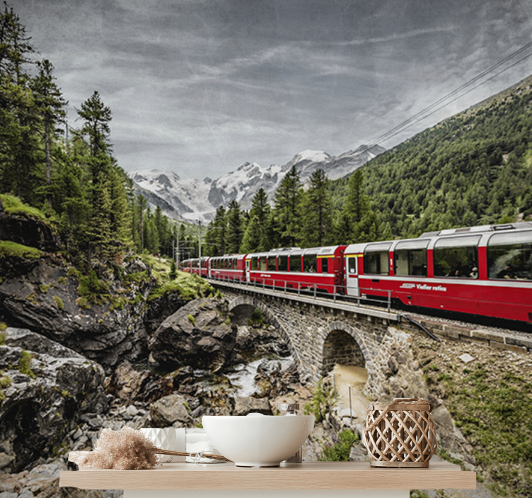 City wall mural mountainous train journey - TenStickers