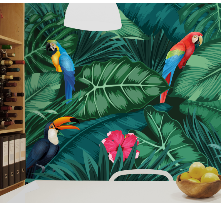 Colorful jungle with parrot forest wall mural - TenStickers