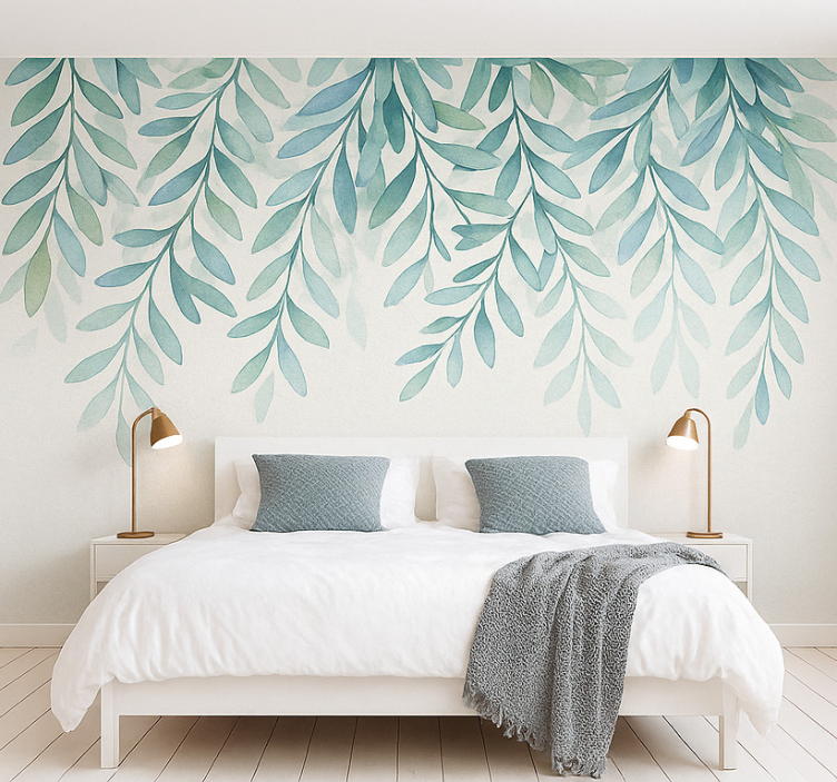 Elegant watercolour leaves wall mural teen bedroom - TenStickers