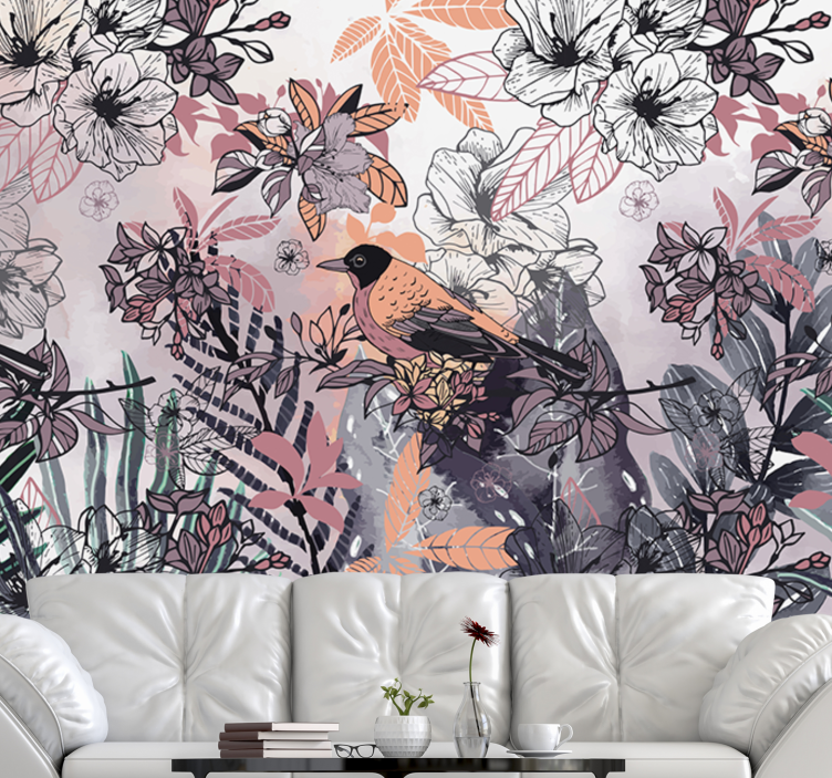 Flower wall mural bird among blooms - TenStickers