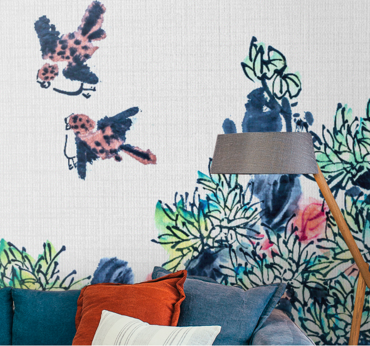 Flower wall mural birds among flowers - TenStickers