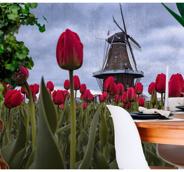 Flower wall mural tulip meadow windmill - TenStickers