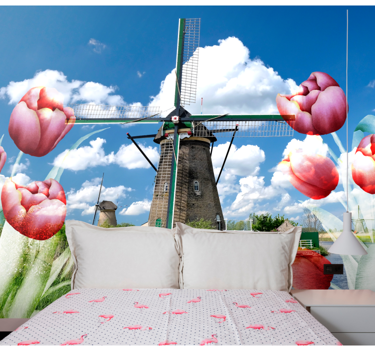 Flower wall mural tulips and windmill scene - TenStickers