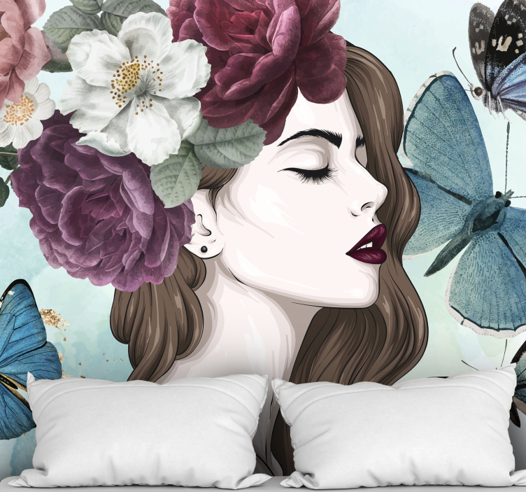 Flower wall mural woman with butterflies - TenStickers