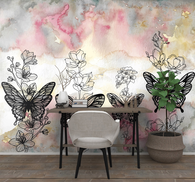 Fluttering wings and blossoms flower wall mural - TenStickers