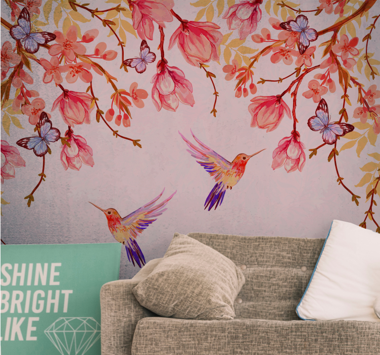 Hummingbirds and blossoms flower wall mural - TenStickers