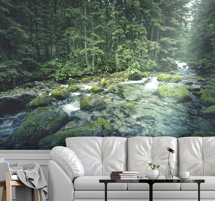 Leafy forest and river Photo Wall Mural - TenStickers