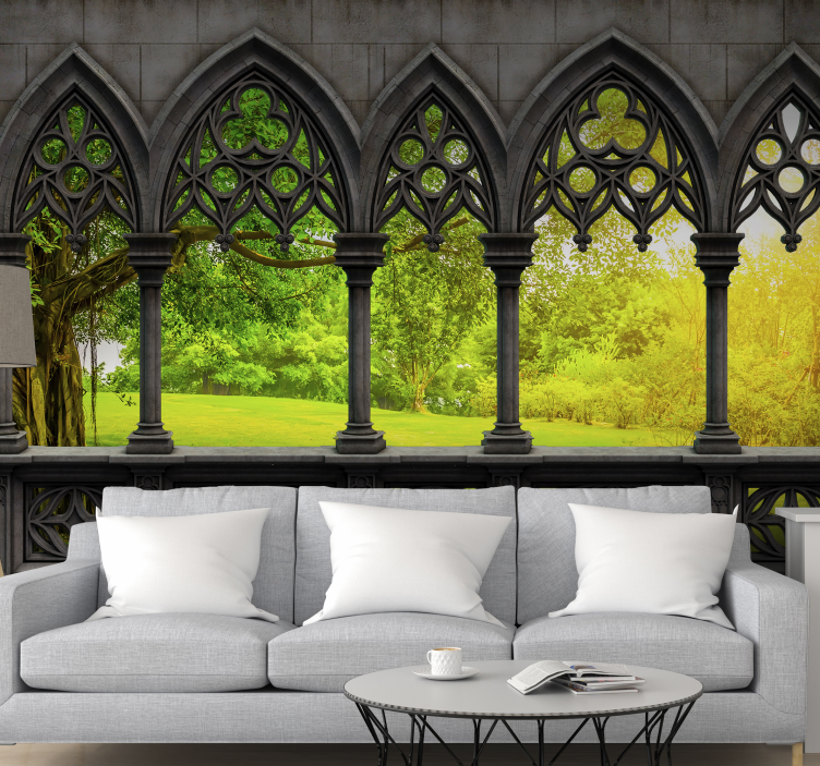 Medieval gothic arches corridor lounge 3d wallpaper - TenStickers