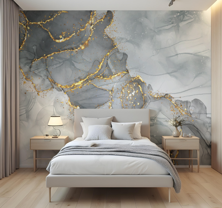 Mosaik wall in shades of grey and gold wall mural master bedroom - TenStickers