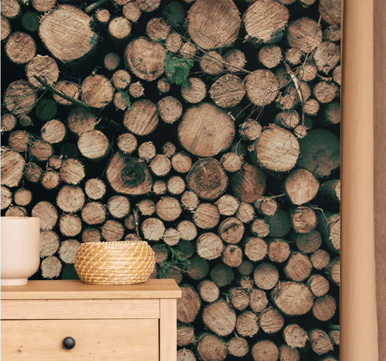 Mural stone wall timber log pile - TenStickers