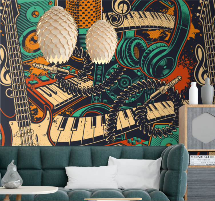 Music wall mural guitar and headphones design - TenStickers