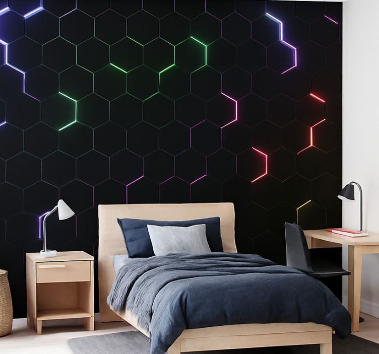 Neon 3D hexagons wall mural teen bedroom - TenStickers