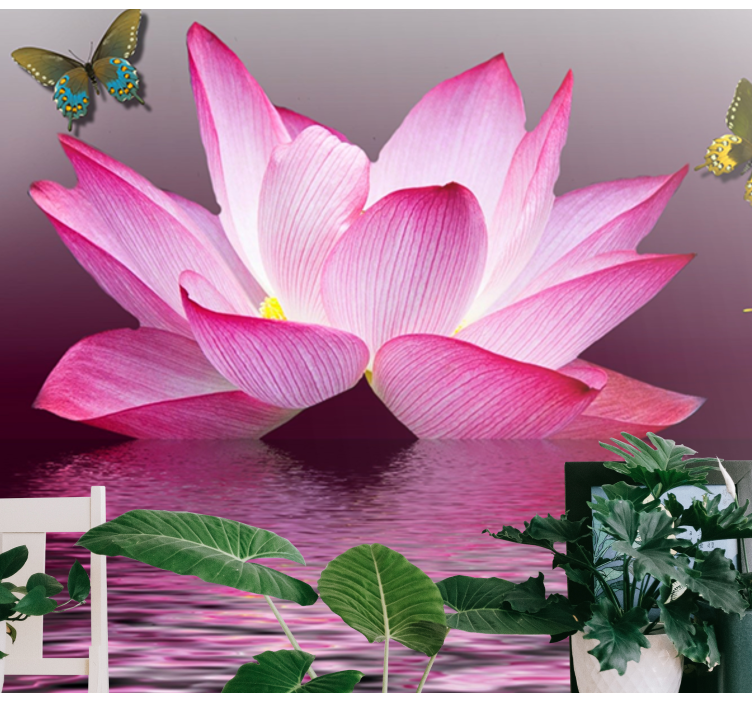 Pink lotus flower with butterflies wall mural - TenStickers