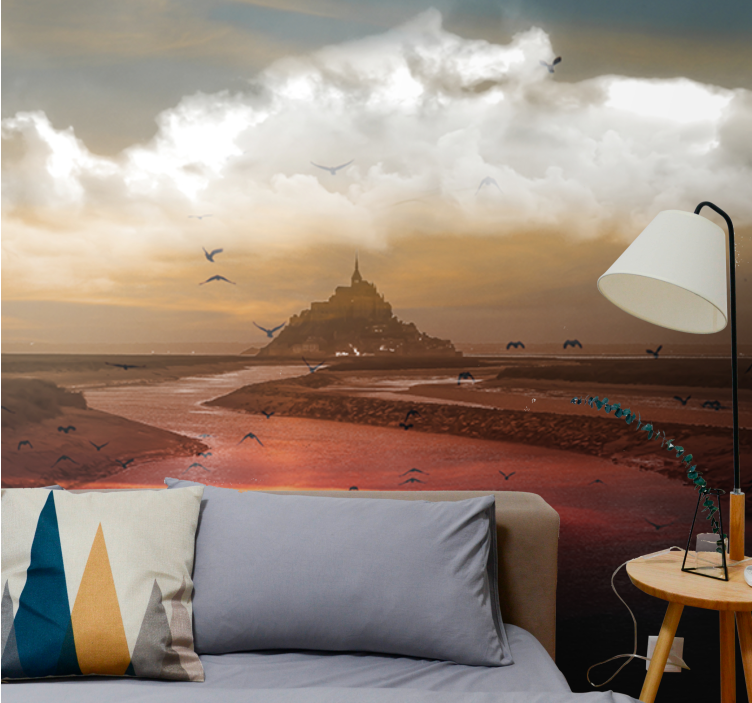 River landscape sunset with castle wall mural - TenStickers