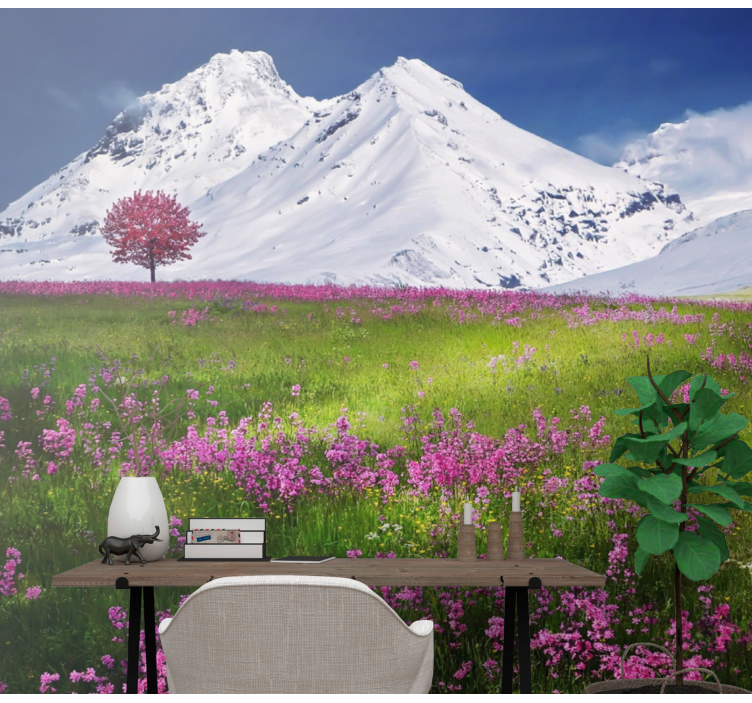 Snowy mountains blossom wall mural nature - TenStickers