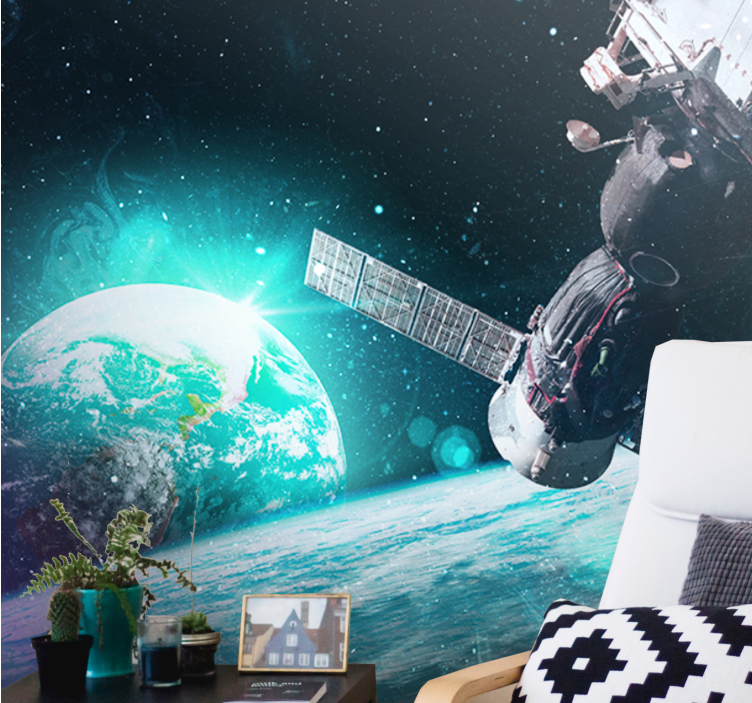 Space wall mural of a spacecraft orbiting earth - TenStickers