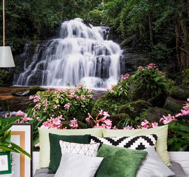 Waterfalls and pink flowers Waterfall - TenStickers