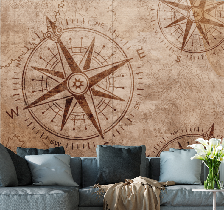 World map wallpaper nautical star compass design - TenStickers