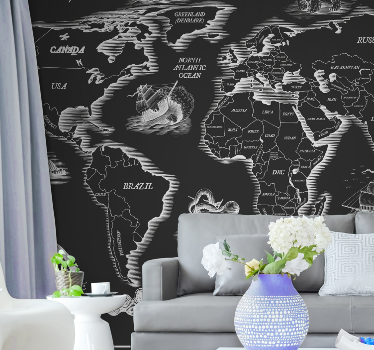 World map wallpaper vintage map sketch - TenStickers