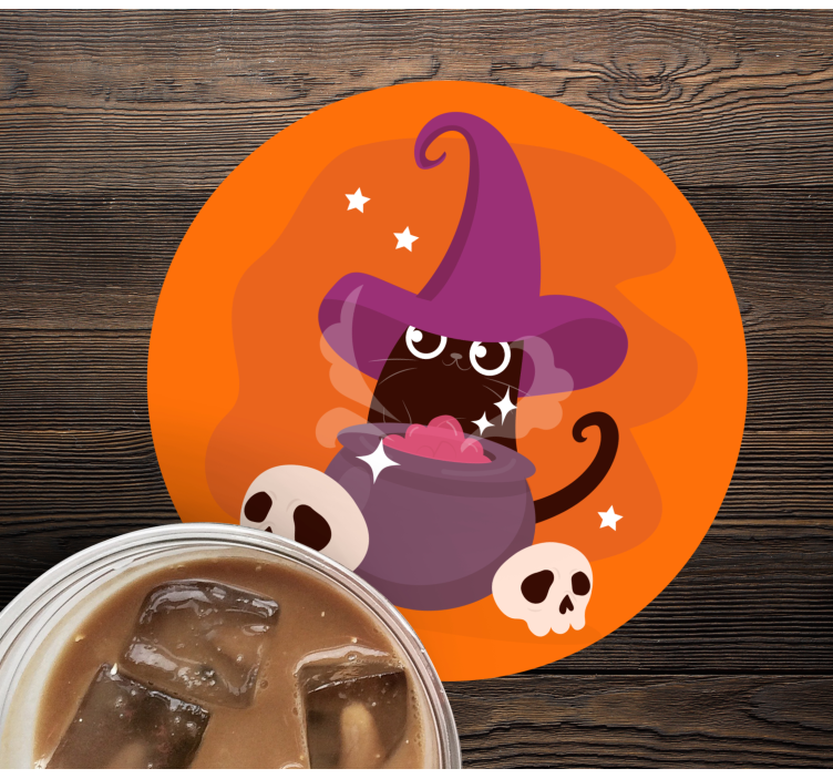 Cat witch hat illustration halloween coaster - TenStickers