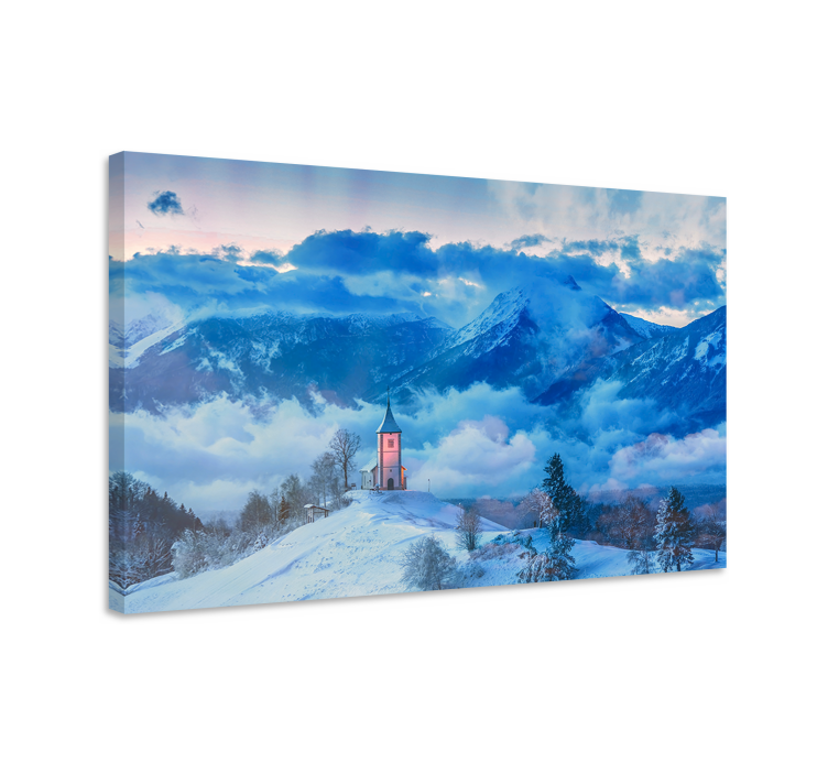 Snowy mountain church landscape canvas - TenStickers