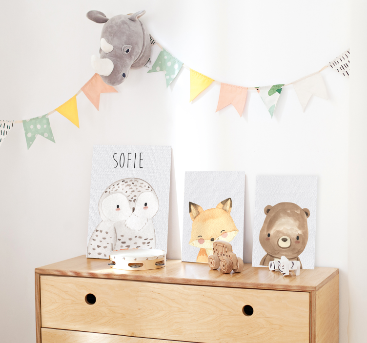 Smiling baby fox with name childrens wall art canvas - TenStickers