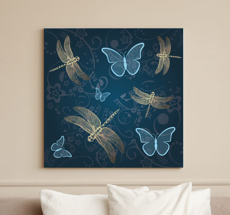 Butterflies in blue with dragonfly canvas - TenStickers