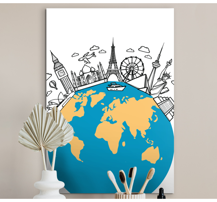 Landmark icons world map canvas - TenStickers