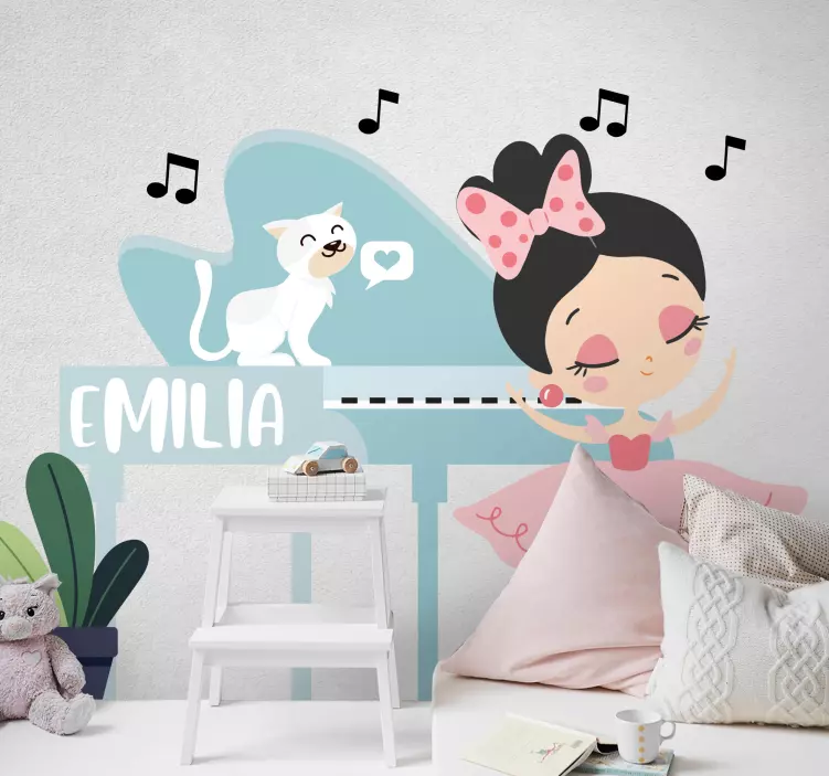 Ballet cat girl with name wall stickers for kid - TenStickers