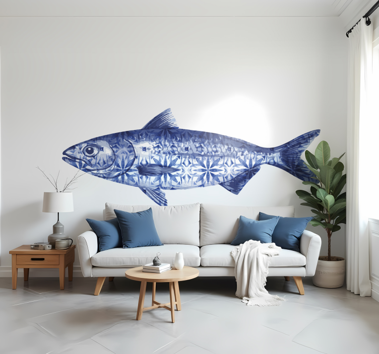 Blue sardine with tile texture  fish wall sticker - TenStickers